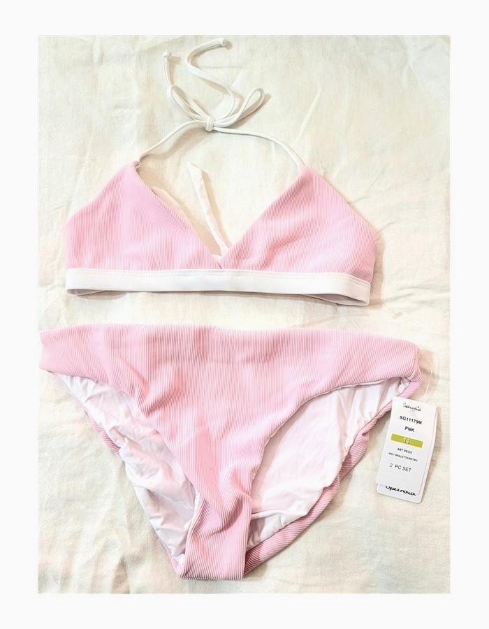NWT Splendid Girls 14 Art Deco Retro Ribbed Reversible Pink & White Bikini 94079