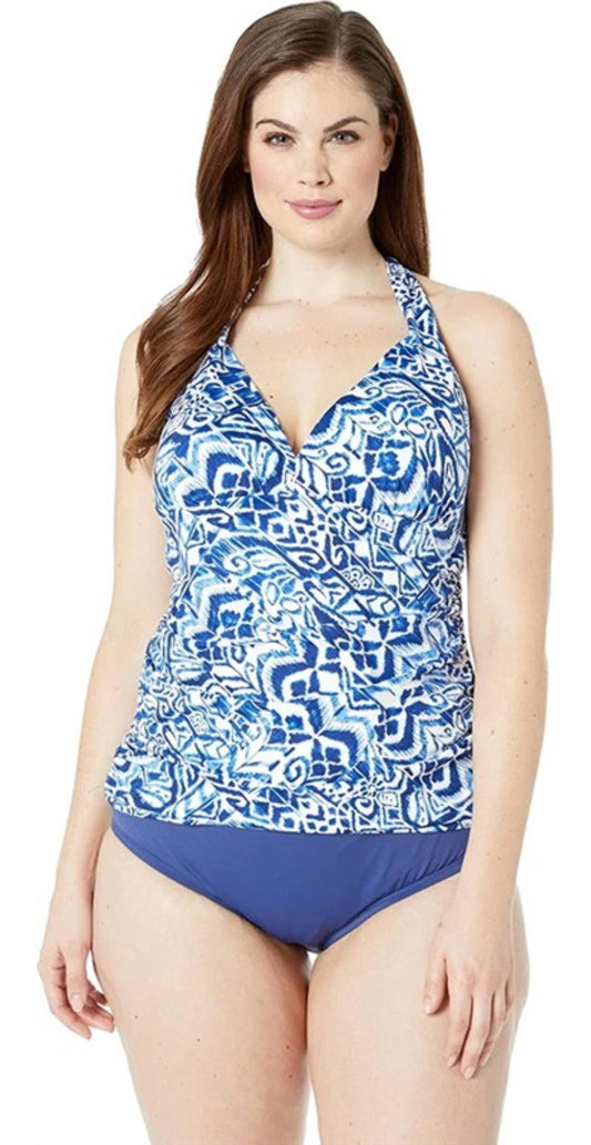 NEW Ralph Lauren 20W Tribal Halter Swim Tankini Swimsuit Top Blue & White #94173