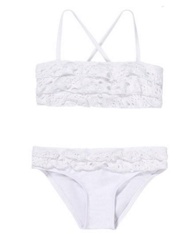 NWT PIlyq 14 Girls White Love Ruffle Eyelet Lace Bandeau Bikini Top Bottom 94189