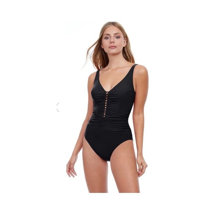 NWT Profile by Gottex 8 Tutti Frutti V-Neck One Piece Swimsuit Black #94215
