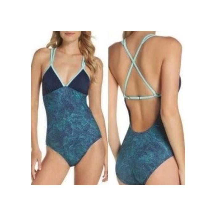 New Zella M Performance Strappy Colorblock One Piece Swimsuit Aqua Navy #94265