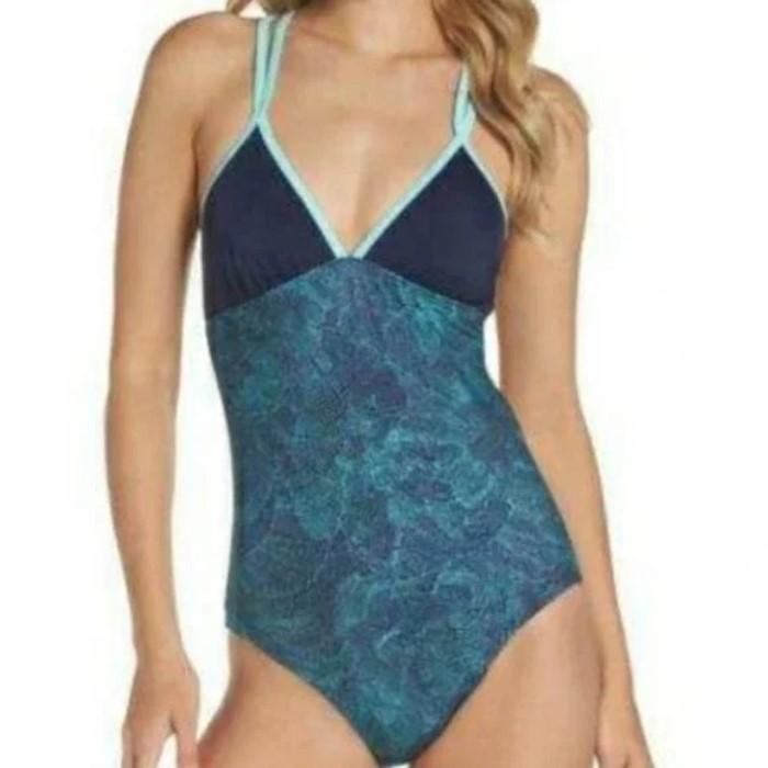 New Zella XL Performance Strappy Colorblock One Piece Swimsuit Aqua Navy #94269