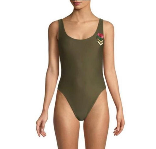 NWT Wildfox XS Candice Rose Chevron Embroidered Patches Swimsuit Olive #94321