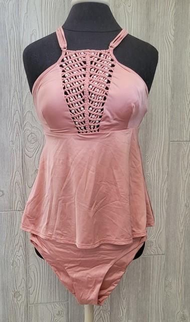 NWOT Barefoot Miss of California M Pink Macramé Pearl Tankini Swimsuit 94348