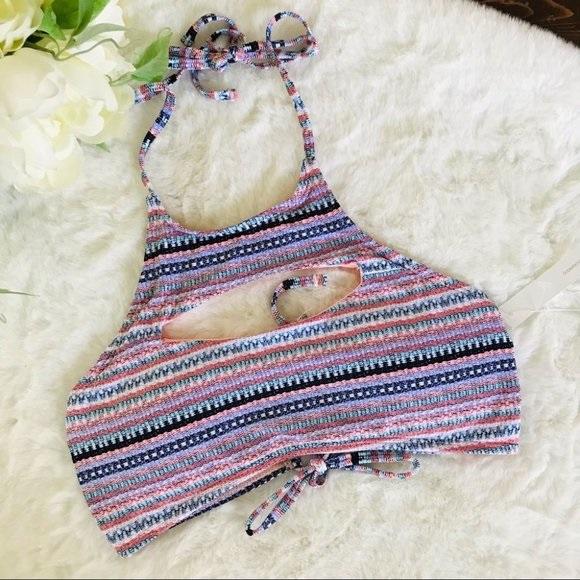 NWT Ninety Five Tribal Stripe High Neck M Keyhole Bikini Swim Top #94380