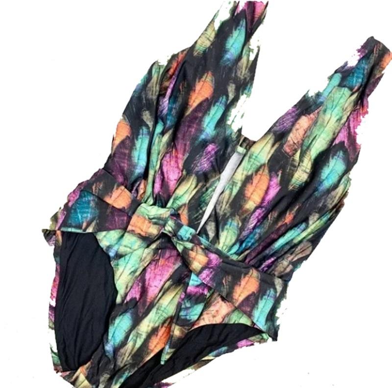 NWOT Luxe Lisa Vogel SM Deep V Multi Color Swimsuit Black 94577