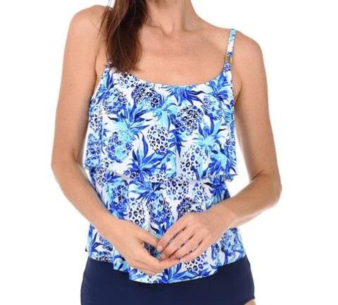 NWT 24th & Ocean Blue Pineapple Flounced Halter Tankini Swim Top #95029