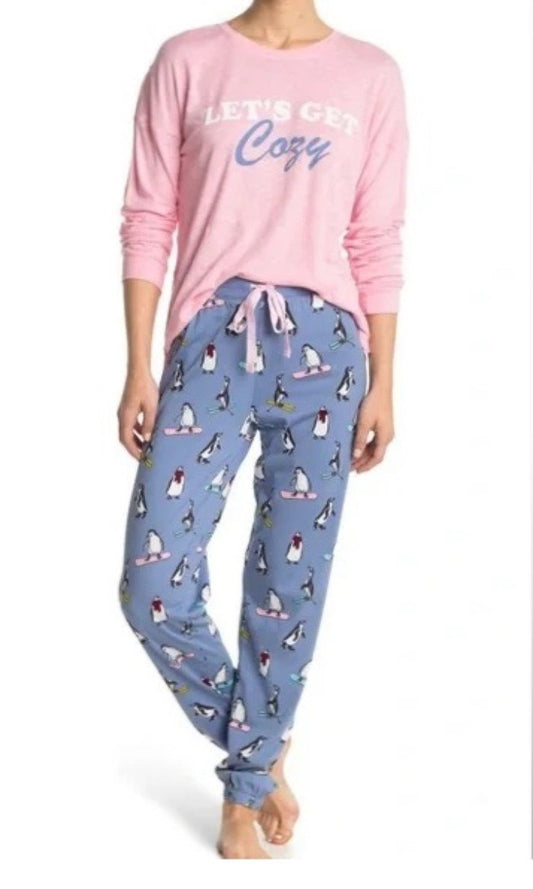 NWT Cozy Zoe M Long Sleeve Let's Get Cozy Pink & Blue Penguin Pajama Set #95121