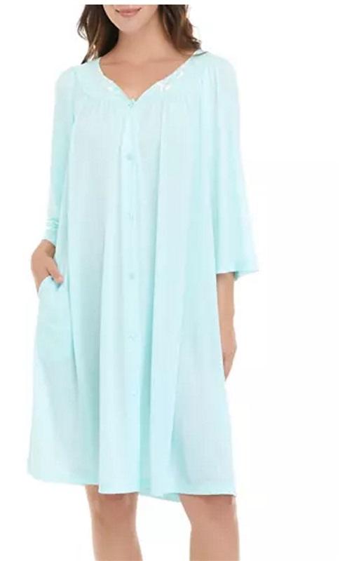 NWOT Miss Elaine Classics SM Tricot Button Robe Aqua Blue