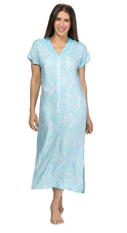 NWT Miss Elaine S Rayon Zip Up Kaftan Robe 864789 Blue Paisley Nightgown 95243