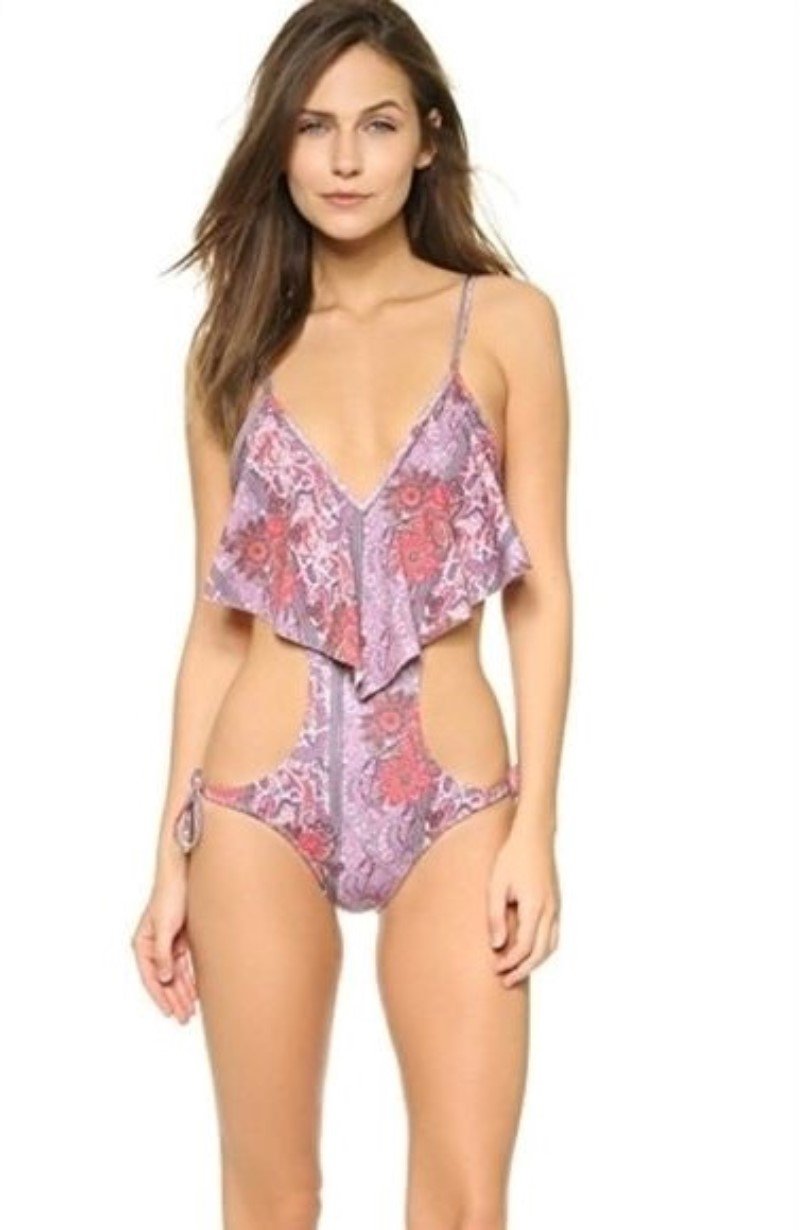 NWT Wildfox S Boho Floral Open-Back Flounced Monokini 1 PC Swimsuit #95396
