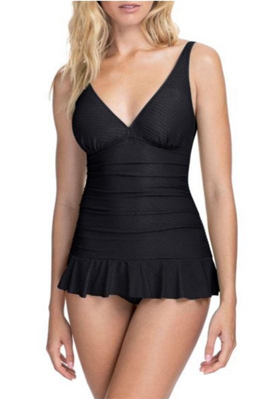 NWT Profile by Gottex 6D BLACK Ribbons Textured Tummy Control Swimdress 95782