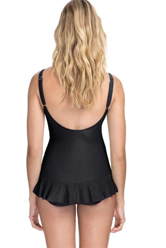 NWT Profile by Gottex 6D BLACK Ribbons Textured Tummy Control Swimdress 95782