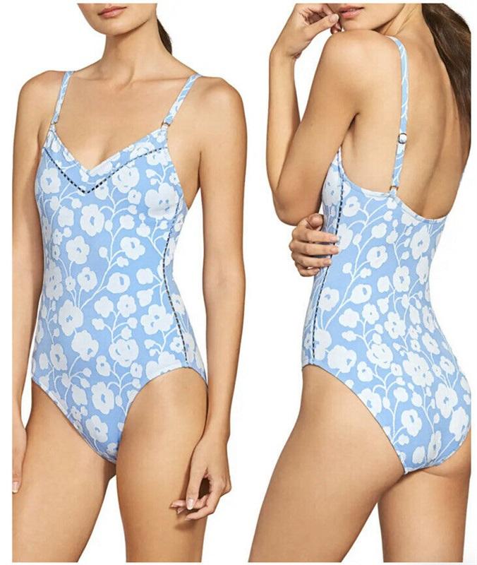 NWT Robin Piccone L Sadie Blue Floral V-Neck 1PC Swimsuit