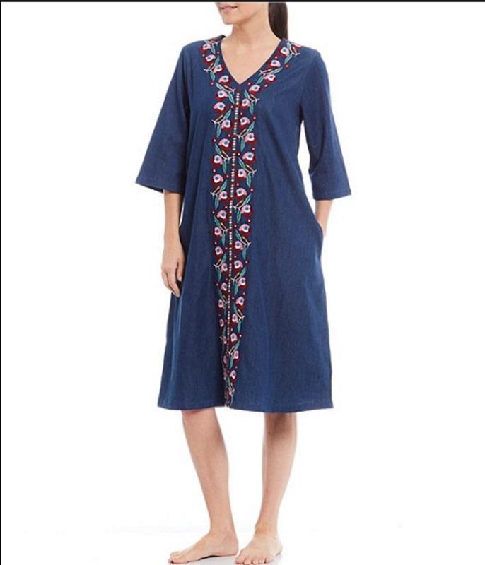 NWT Go Softly MED Patio Dress Kaftan Denim Embroidered Poppy Floral #95827