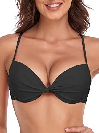 NWT California Waves Black D/DD Strappy Halter Knot Bikini Swim Top #96229