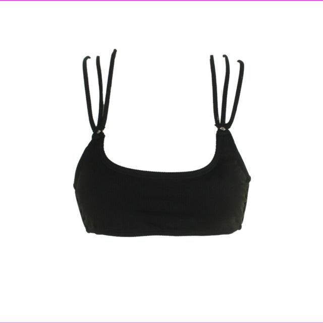 NWT California Waves Black L Ribbed Strappy Texture Bikini Swim Top #96234