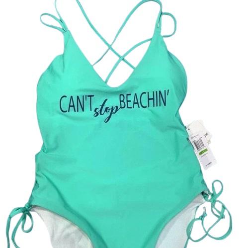 NWT BeachLingo Can't Stop Beachin' Teal L Open-Back One-Piece Swimsuit #96621