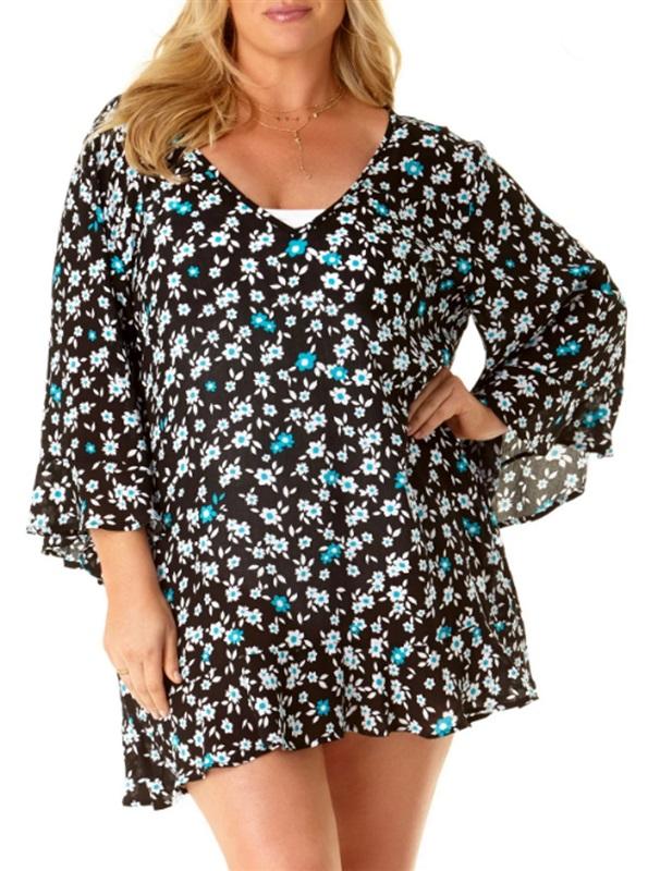 NWT Anne Cole 14/16 Flounce Black White Aqua Floral Flounce Swim Cover Up 96748