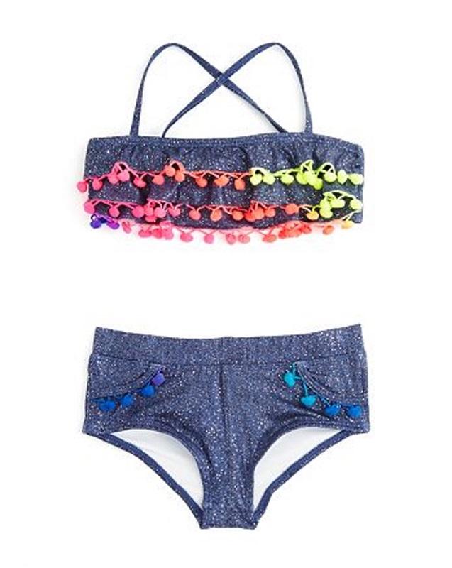 NWT PIlyq 12 Girls Sparkle Denim Pom Pom Bikini Top & Bottom 96808