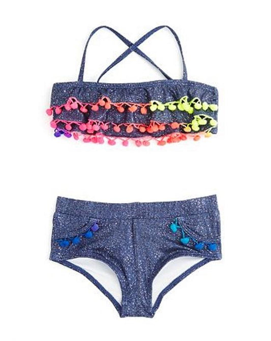 NWT PIlyq 12 Girls Sparkle Denim Pom Pom Bikini Top & Bottom 96808