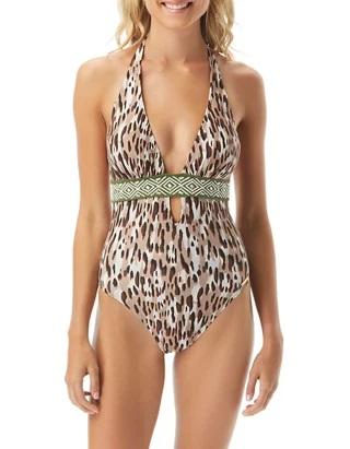 NWT Vince Camuto Cruse Animal Print SZ 10 V-Neck One-Piece Swimsuit #96849
