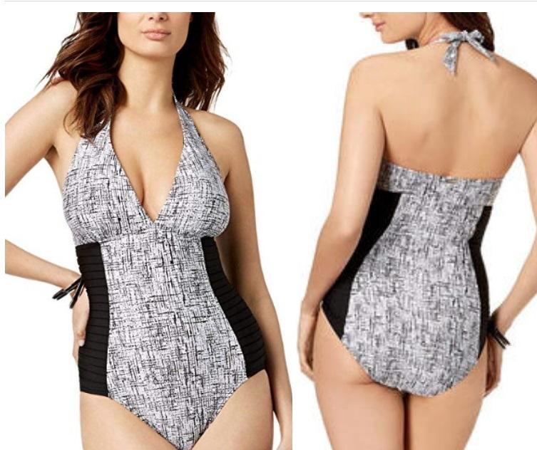 NWT Calvin Klein 8 White Black Halter Matrix Printed Pleated 1PC Swimsuit 96866
