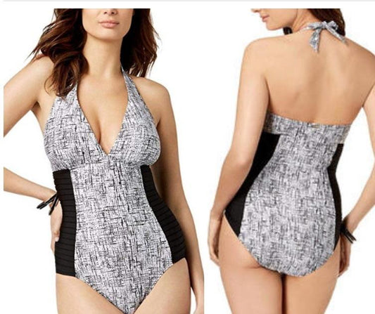 NWT Calvin Klein 8 White Black Halter Matrix Printed Pleated 1PC Swimsuit 96866