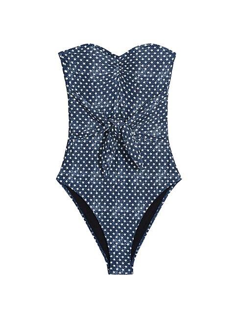 NWT What We Wore S Capri Blue Distressed Stars Strapless 1PC Swimsuit 96896