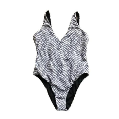 NWT Leith Grey Herringbone M Reversible V-Neck One-Piece Swimsuit #96924