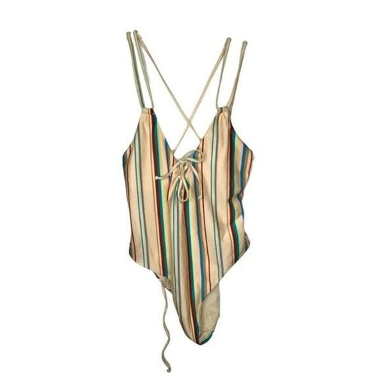 NWT BeachLingo Beige Striped Strappy V-Neck One-Piece Swimsuit #96929