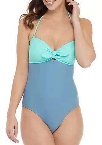 NWOT True Craft M Colorblock Knot Strapless Blue Aqua Swimsuit #96965