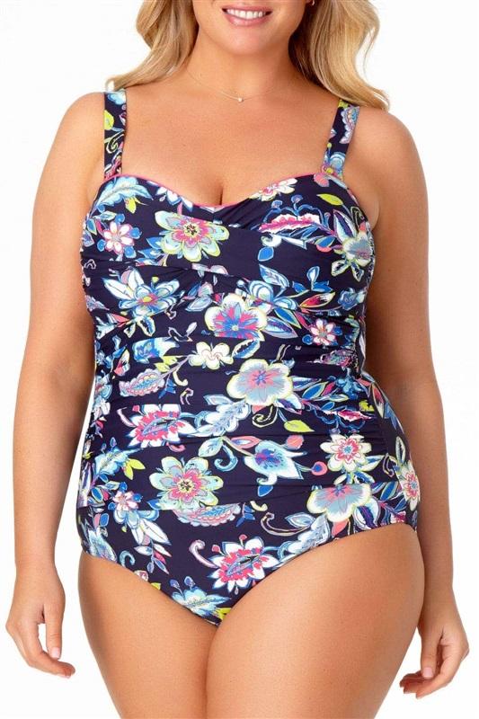 NWT Anne Cole 16W Twist Front Strapless 1PC Swimsuit Holiday Paisley 96977