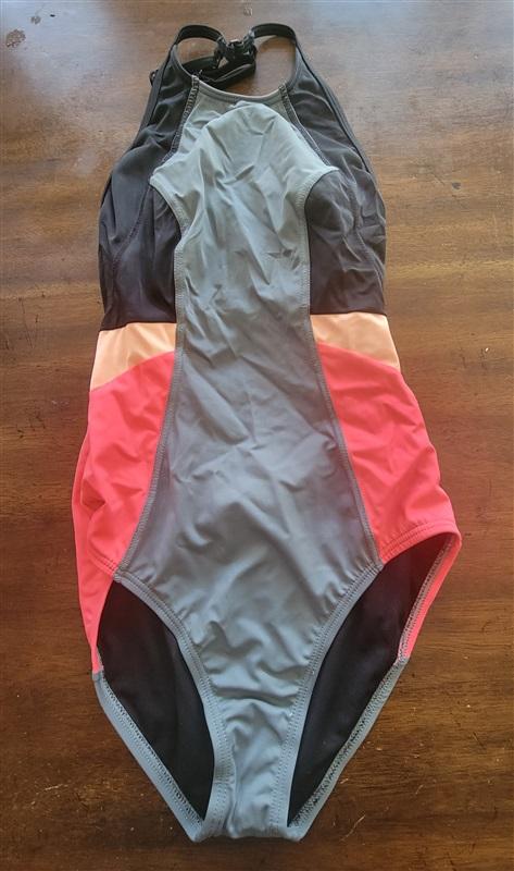 NWOT Zella Grey Colorblock XS High-Neck Open-Back One-Piece Swimsuit #97034