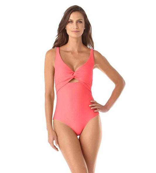 NWOT Anne Cole 10 MELON Front Twist Tropical Bliss Scoop Neck 1PC Swimsuit 97062
