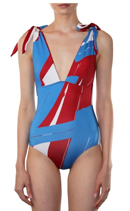 NWT Mei L'ange SM EVE Bow Tie Deep V 1PC Swimsuit Red White Blue 97124