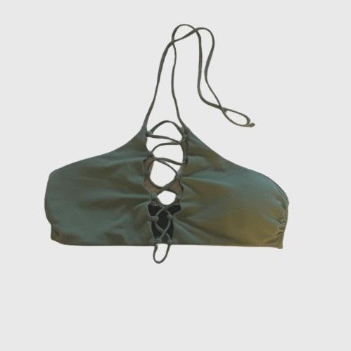 NWT Leith Olive High-Neck M Criss-Cross Halter Bikini Swim Top #97177
