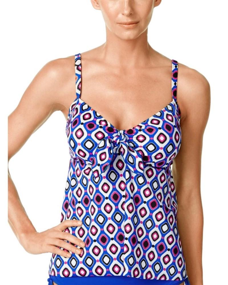 NWT Swim Solutions 16 Mod Dots Bow Front Tankini Top Swimsuit 97233