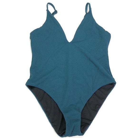 NWOT Leith Solid Navy Textured L Plunge Halter One-Piece Swimsuit #97351