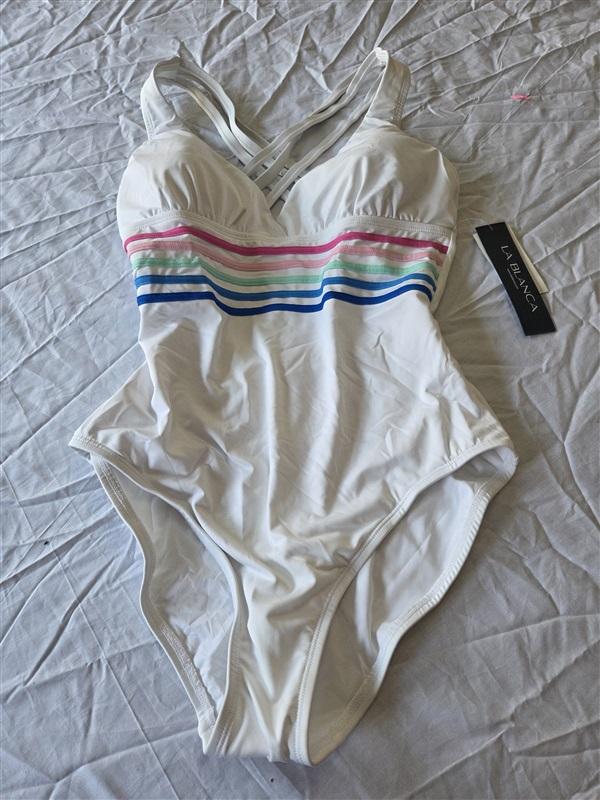 NWOT La Blanca 10 Spectrum White Cross Back Multi Strap 1PC Swimsuit 97372