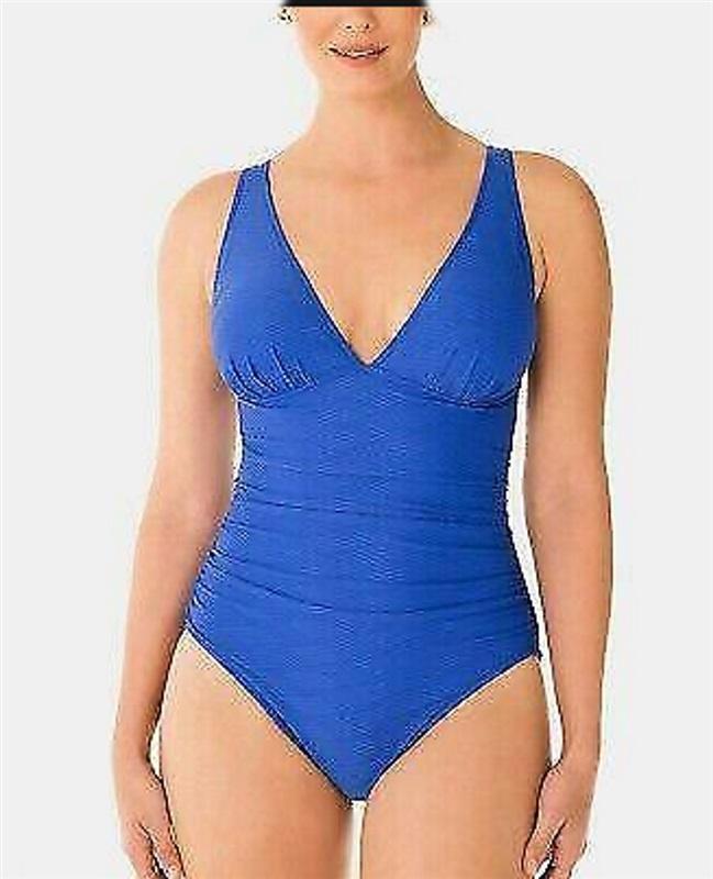 NWT Swim Solutions 16 Royal Blue Textured Plunge 1PC Swimsuit 97427