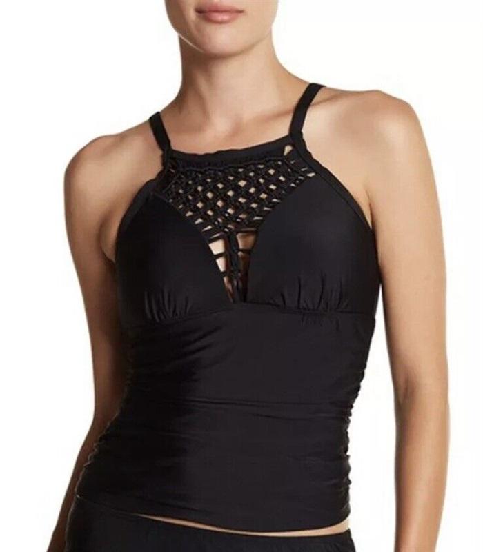 NWOT Athena Solid Black 32 B/C Crochet High-Neck Tankini Swim Top #97463