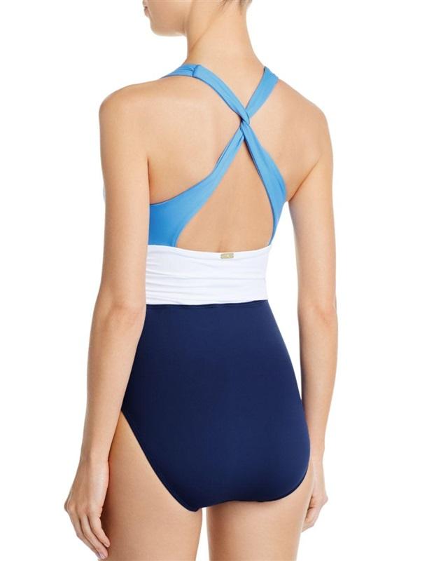 NWT Ralph Lauren 8 BLUE Color-Block Twist Back Halter 1pc Swimsuit 97717