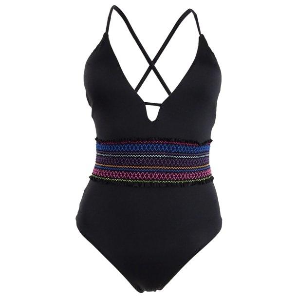NWOT Bar III M Smocked Black Deep V 1PC Swimsuit 97886