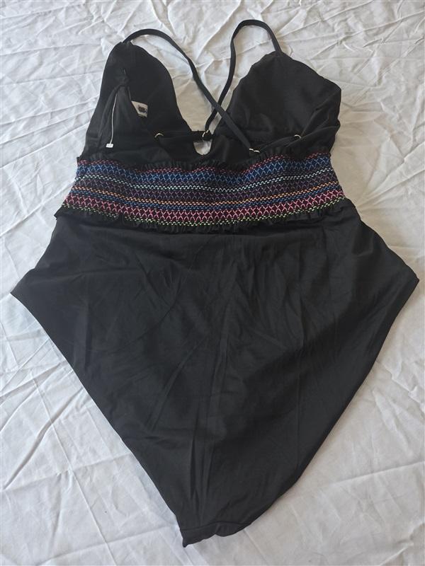 NWOT Bar III M Smocked Black Deep V 1PC Swimsuit 97886