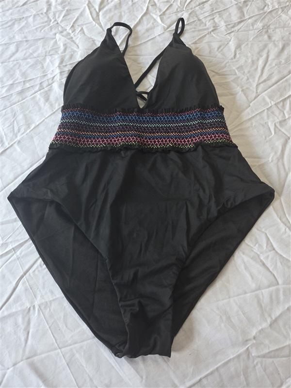 NWOT Bar III M Smocked Black Deep V 1PC Swimsuit 97886