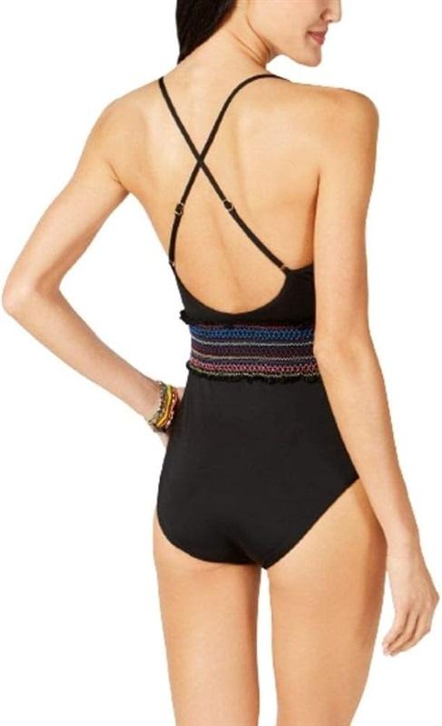 NWOT Bar III M Smocked Black Deep V 1PC Swimsuit 97886
