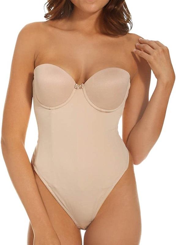 NWT Va Bien 32D Strapless Low Back Slimming Bodysuit 1509 beige Thong 97923
