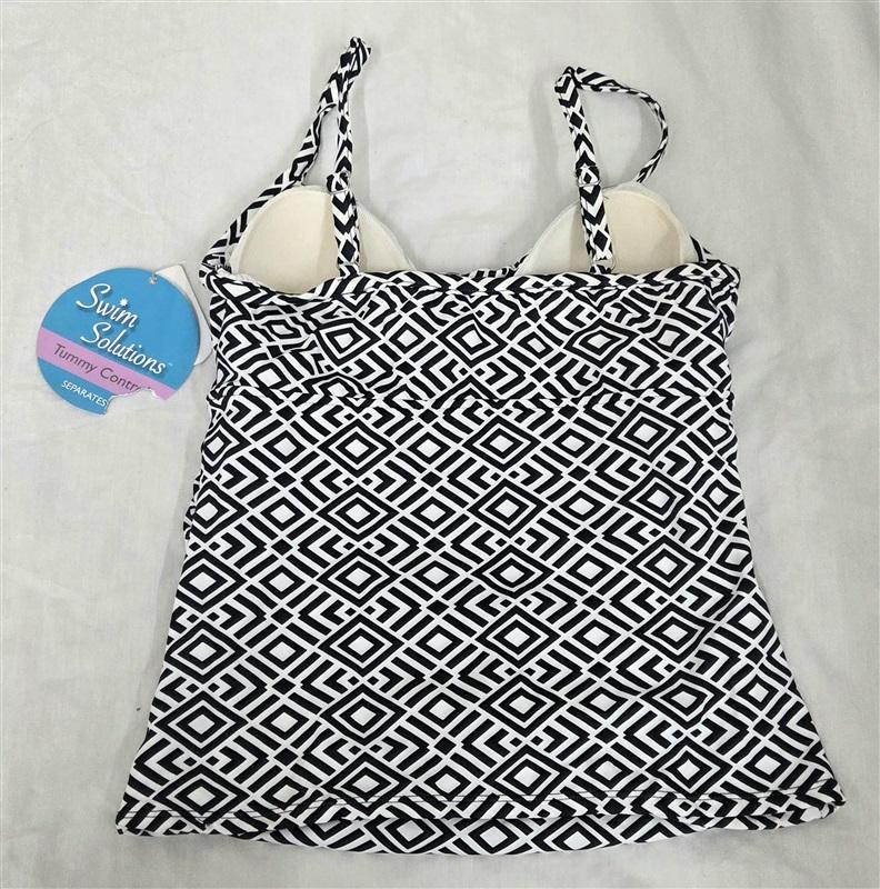 NWT Swim Solutions 10 Black White Diamonds Tankini Top Twister Bra 97962