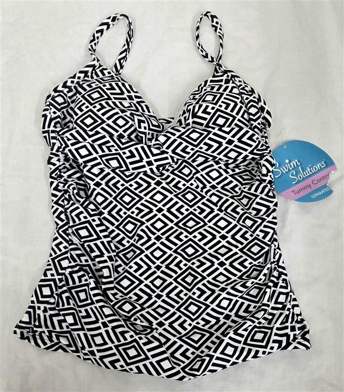 NWT Swim Solutions 10 Black White Diamonds Tankini Top Twister Bra 97962